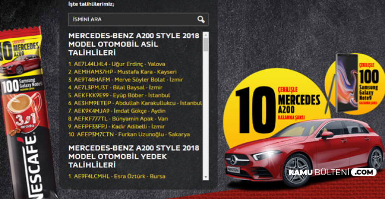 Nescafe Çekiliş Sonucu Açıklandı-İşte Mercedes ve Note 9 Kazananlar ve Yedek İsim Listesi