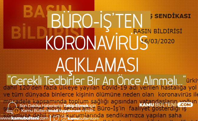 Büro-İş'ten 'Koronavirüs' Çıkışı: Yeterli Tedbirler Alınmadı
