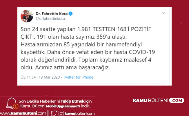 Fahrettin Koca Corona Virüste Son Durumu Açıkladı: 4 Ölü 359 Vaka