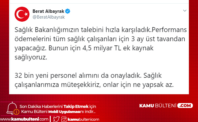 Hazine ve Maliye Bakanı Berat Albayrak: Sağlık Bakanlığı 32 Bin Yeni Personel Alımı Onaylandı