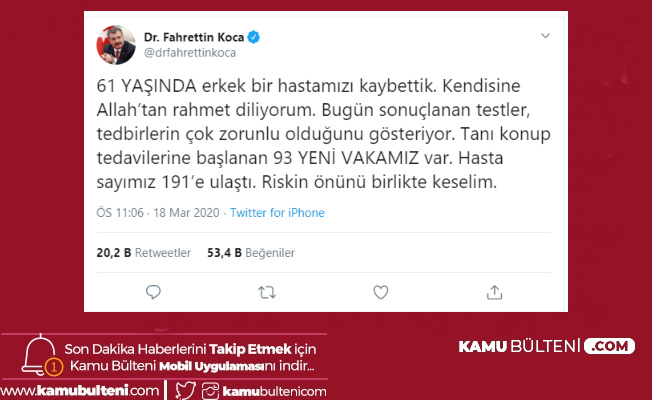 Sağlık Bakanı Fahrettin Koca Açıkladı: 2 Ölü 191 Vaka