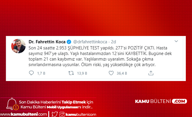 SON DAKİKA! Sağlık Bakanı açıkladı: Vaka sayısı 947, Ölü Sayısı 21 Oldu SON DAKİKA! Sağlık Bakanı açıkladı: Vaka sayısı 947, Ölü Sayısı 21 Oldu